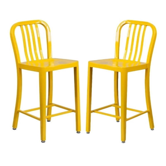 Home Square 24" Metal Vertical Slat Back Counter Stool in Yellow - Set of 2