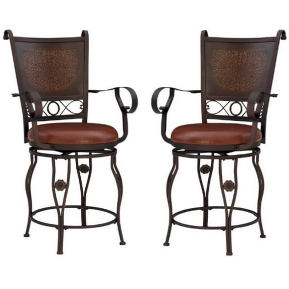 Home Square 24" Tall Metal Stamped Back Counter Stool in Bronze - Set of 2