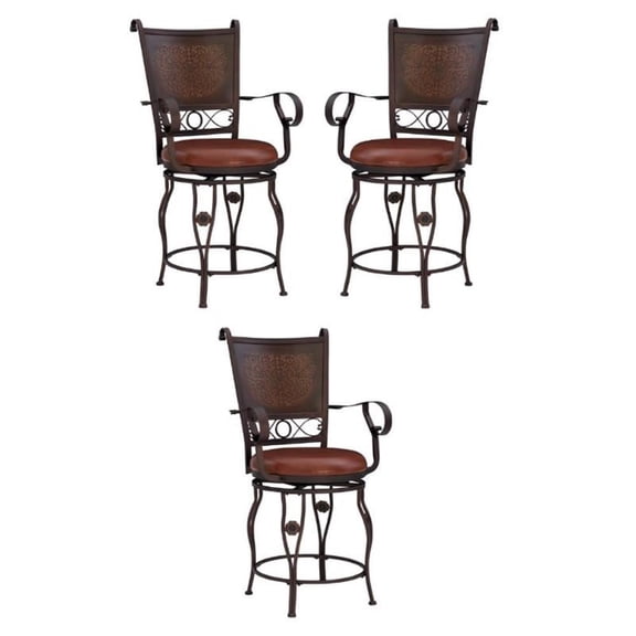 Home Square 24" Tall Metal Stamped Back Counter Stool in Bronze - Set of 3