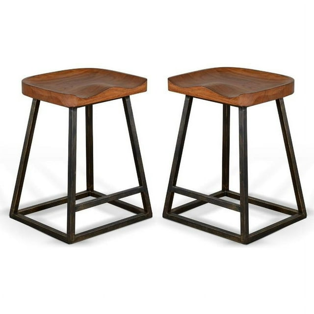 Home Square 24" Wood & Metal Saddle Counter Stool in Rustic Oak Set