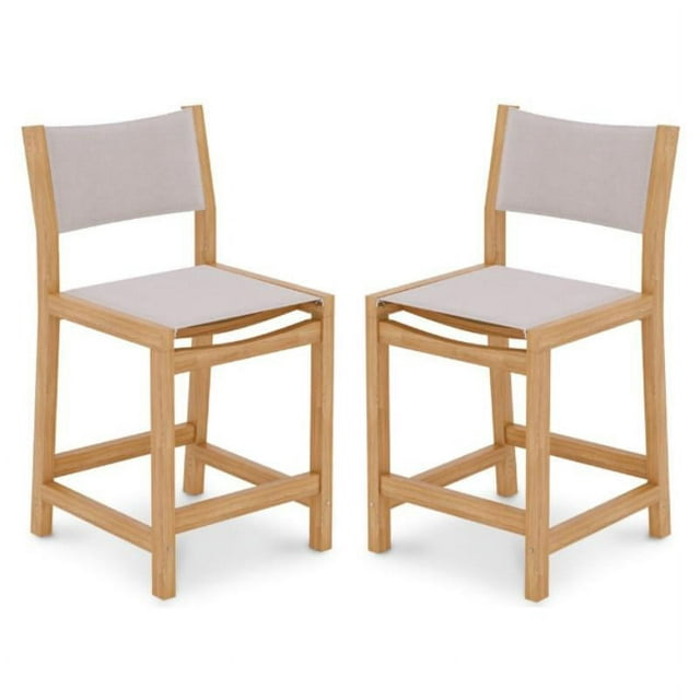 Home Square 26" Teak Wooden Patio Counter Stool in Natural and White - Set of 2