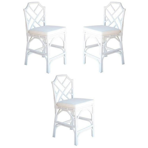 Home Square 27" Rattan and Cotton Counter Stool in White - Set of 3