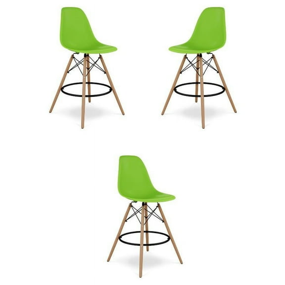 Home Square 28" Plastic and Wood Counter Stool in Green - Set of 3