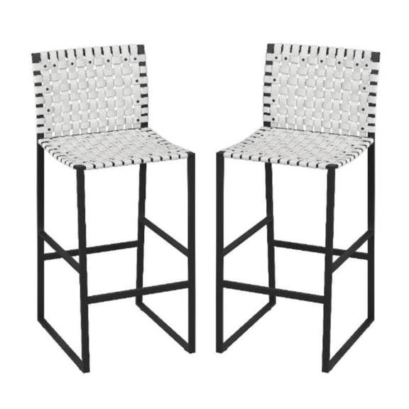 Home Square 28" Woven Leather Rectangular Barstool in White - Set of 2