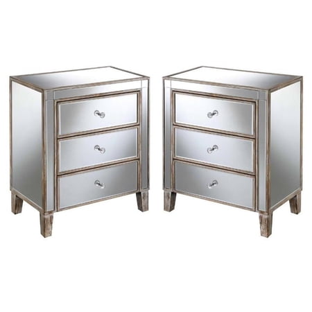 Home Square 3-Drawer Chest in Mirrored Glass and Weathered White - Set of 2