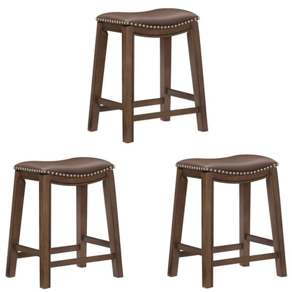 Home Square 3 Piece 24" Faux Leather Saddle Counter Stool Set in Brown