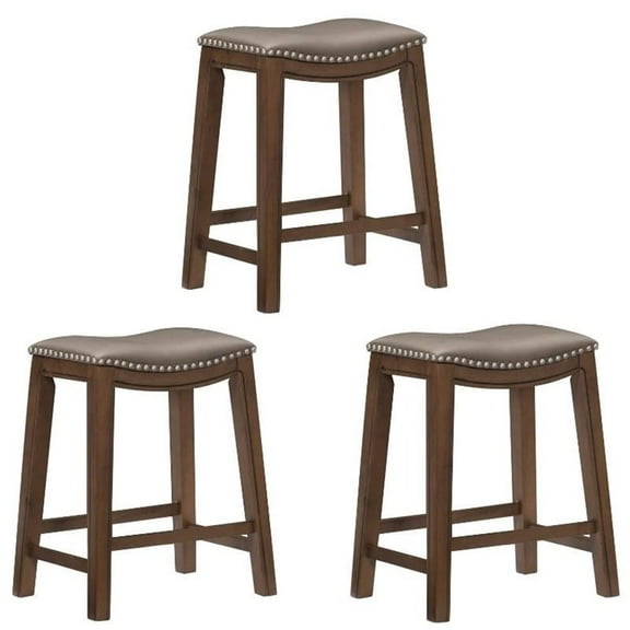 Home Square 3 Piece 24" Faux Leather Saddle Counter Stool Set in Gray