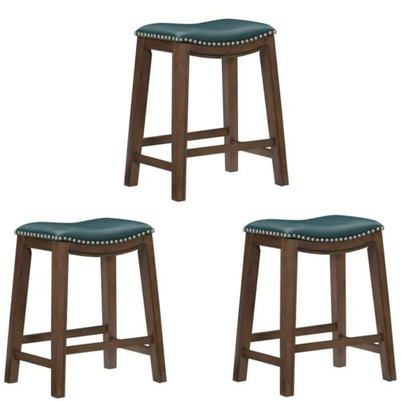 Home Square 3 Piece 24" Faux Leather Saddle Counter Stool Set in Green