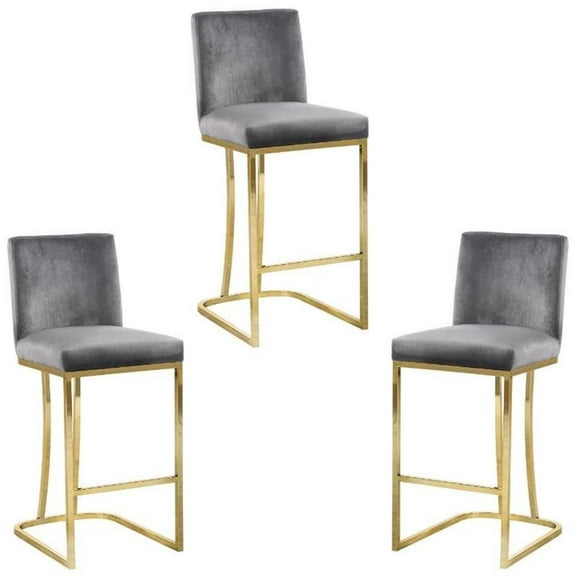 Home Square 3 Piece 26"H Upholstered Velvet Counter Stool Set with Metal Gold Legs for Bar, Kitchen, Dining Room, Living Room and Bistro Pub, in Gray