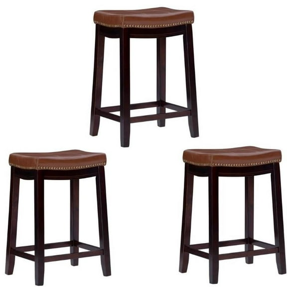 Home Square 3 Piece 26" Wood Saddle Counter Stool Set in Cognac Brown