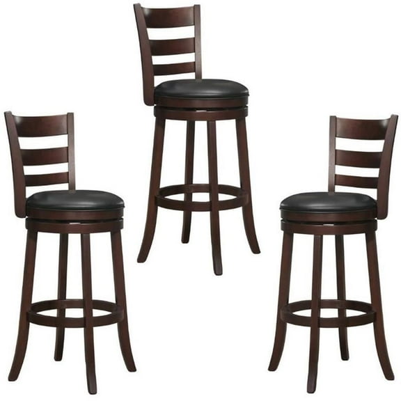 Home Square 3 Piece 29" Faux Leather Swivel Wood Bar Stool Set in Dark Cherry