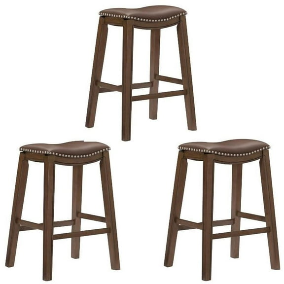 Home Square 3 Piece 29" Upholstered Faux Leather Saddle Bar Stool Set in Brown
