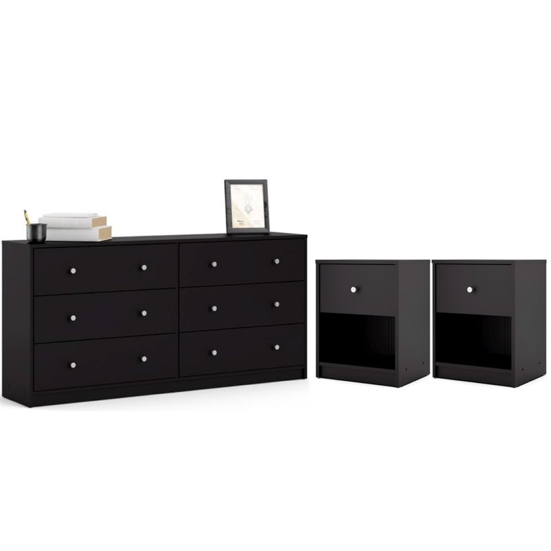 Home Square 3 Piece Bedroom Set with 6-Drawer Double Dresser and Two of 1-Drawer Nightstand in Black