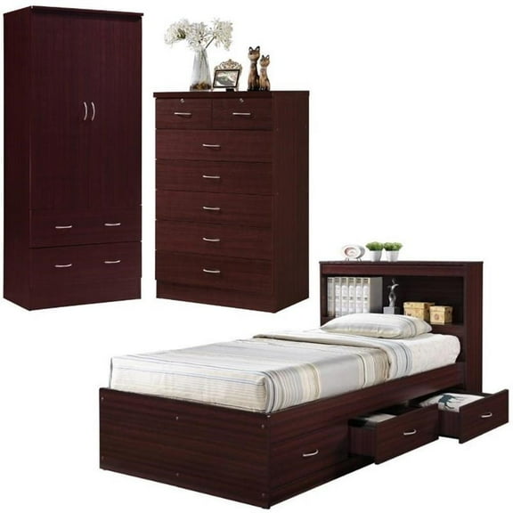 Home Square 3 Piece Bedroom Set with Captain Bed Armoire and 7 Drawer Chest