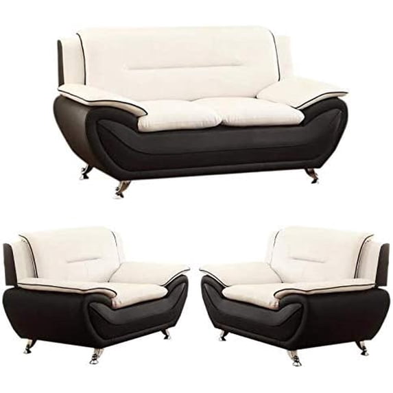 Home Square 3 Piece Contemporary Faux Leather Living Room Set Black/Beige
