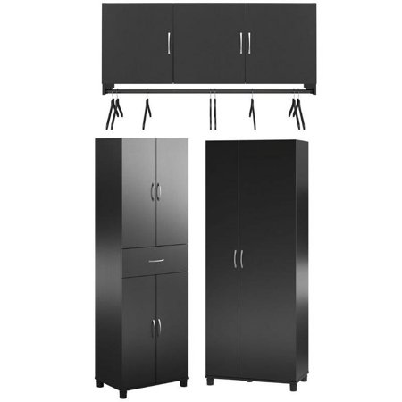 Home Square 3-Piece Entryway Set with Storage Cabinet with Drawer and Tall Asymmetrical Storage Cabinet and 3 Door Wall Cabinet with Hanging Rod in Black