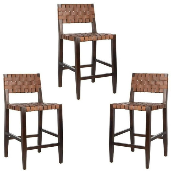 Home Square 3 Piece Leather Counter Stool Set in Cognac and Walnut