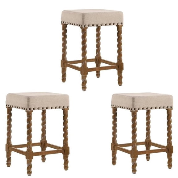 Home Square 3 Piece Linen Counter Stool Set with Wood Base in Natural Oak