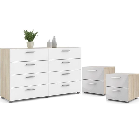 Home Square Contemporary 3 Piece Bedroom Set with Two Nightstands and 8 Drawer Double Dresser in Oak and White Gloss