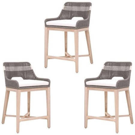 Home Square 3 Piece Outdoor Counter Stool Set in Dove Rope and Gray Teak
