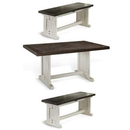Home Square 3-Piece Set with 1 Table & 2 Benchs in Off White Dark Brown