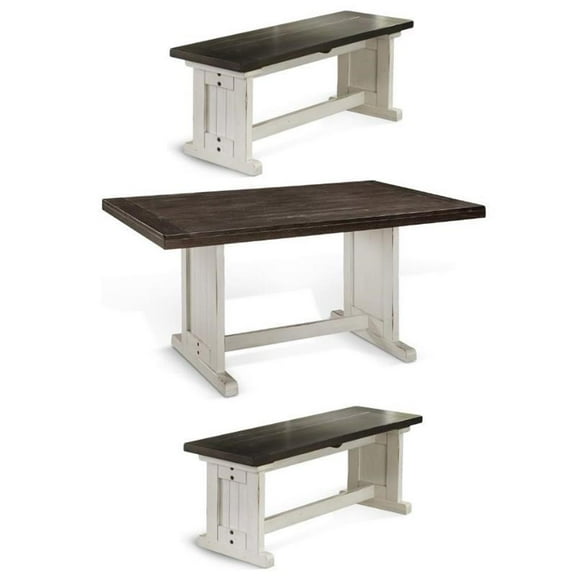 Home Square 3-Piece Set with 1 Table & 2 Benchs in Off White Dark Brown