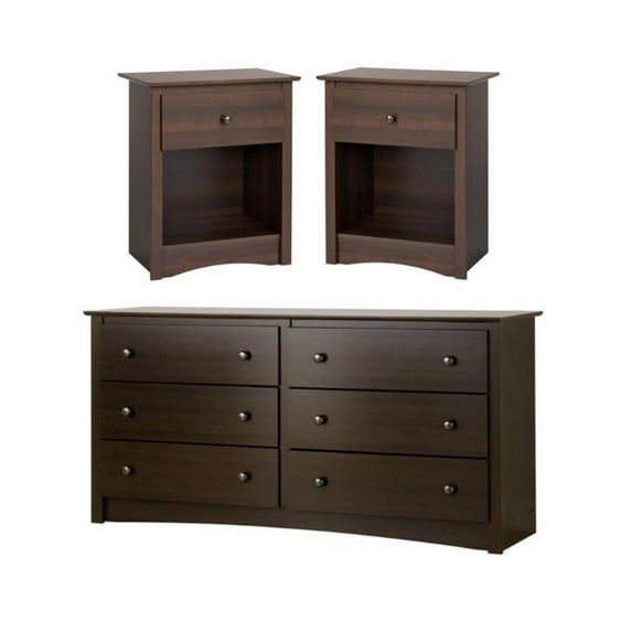Home Square 3-Piece Set with 2 Tall Nightstands and 6 Drawer Dresser in Espresso