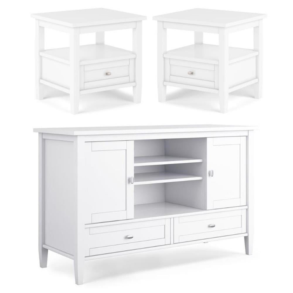 White Solid Wood TV Media Stand and End Tables Set
