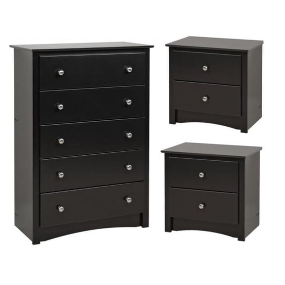 Home Square 3-Piece Set with 5-Drawer Chest and 2 Nightstands in Black
