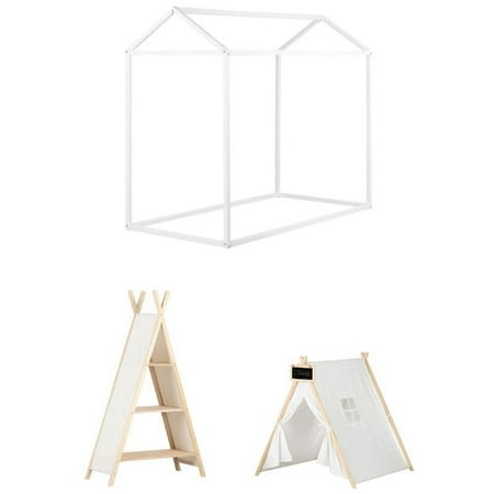 Home Square 3-Piece Set with Bed & Kid Bookcase & Play Tent with Chalkboard