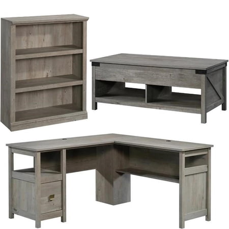 Home Square 3 Piece Set with L Shaped Desk 3-Shelf Bookcase and Coffee Table