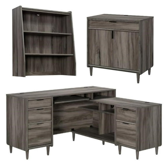 Home Square 3-Piece Set with L-Shaped Desk Base Storage Cabinet & Library Hutch
