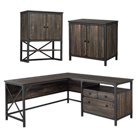 Home Square 3-Piece Set with L-Shaped Desk Library Base & Hutch in Carbon Oak