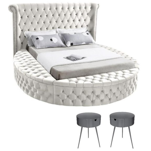 Home Square 3-Piece Set with Luxus Cream Velvet Full Bed & 2 Bali Nightstands