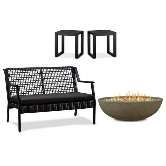 Home Square 3 Piece Set with Oval Fire Bowl Aluminum Patio Loveseat & End Table