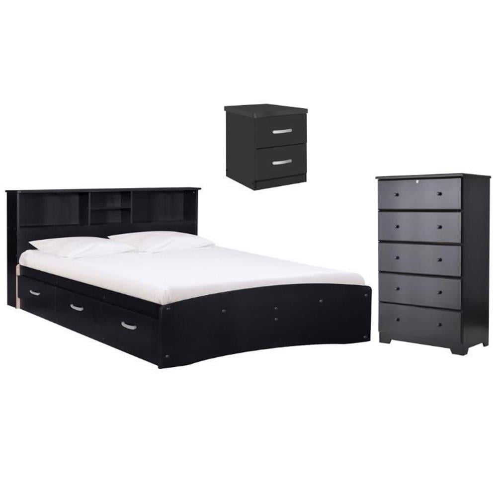 Black Queen Bed Set with 5-Drawer Chest and Nightstand