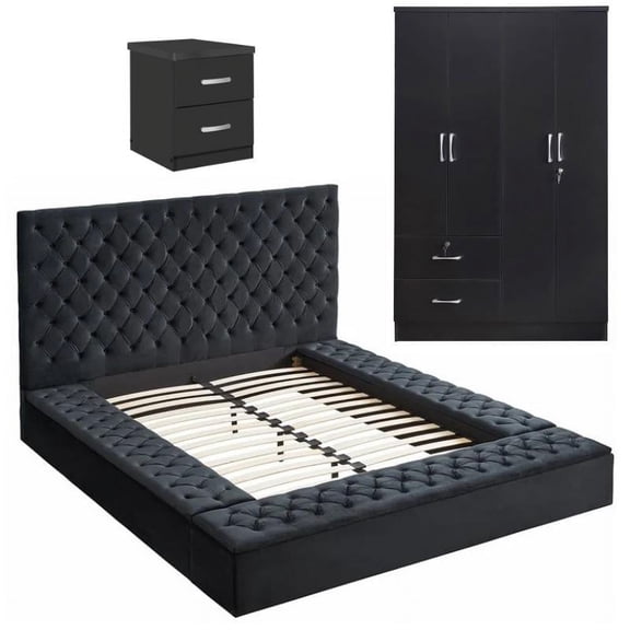 Home Square 3-Piece Set with Queen Bed Armoire & 2-Drawer Nightstand in Black