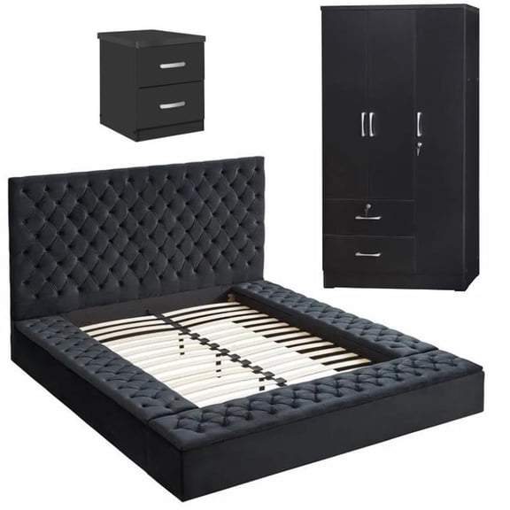Home Square 3-Piece Set with Queen Bed Armoire Closet & 2-Drawer Nightstand