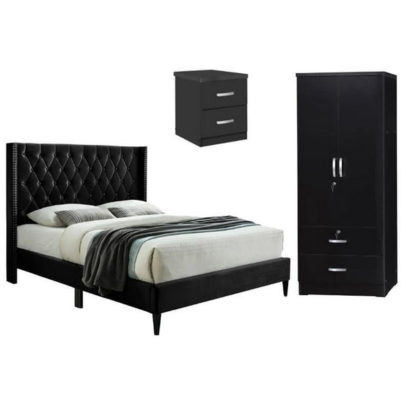 Home Square 3-Piece Set with Queen Bed Wardrobe Armoire and Nightstand