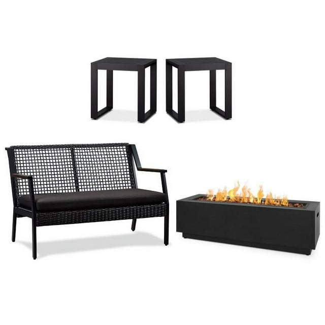 Home Square 3 Piece Set with Steel Propane Fire Pit Patio Loveseat & End Table