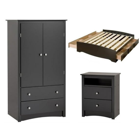 Home Square 3-Piece Set with Storage Bed Wardrobe Armoire & Tall Night Stand