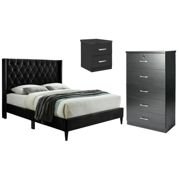 Home Square 3-Piece Set with Tufted Queen Bed Chest Bedroom Dresser & Nightstand