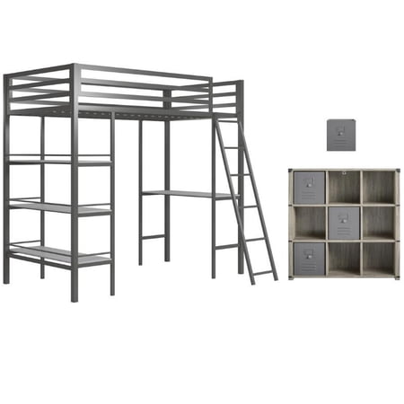 Home Square 3-Piece Set with Twin Loft Bed Storage Bookcase & Storage Bins