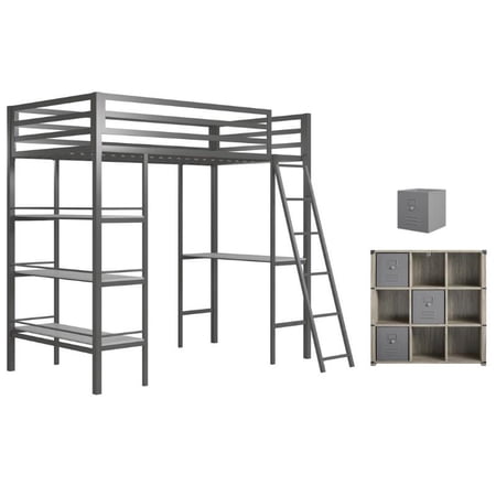 Home Square 3-Piece Set with Twin Loft Bed Storage Bookcase & Storage Bins