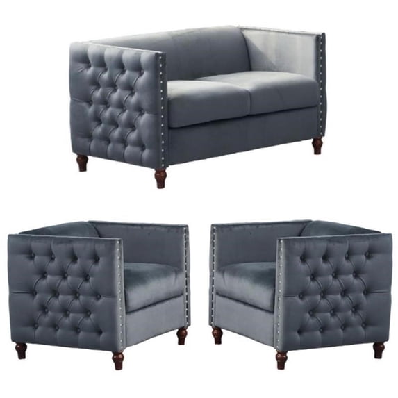 Home Square 3-Piece Set with Velvet Livingroom Loveseat and 2 Chairs in Gray