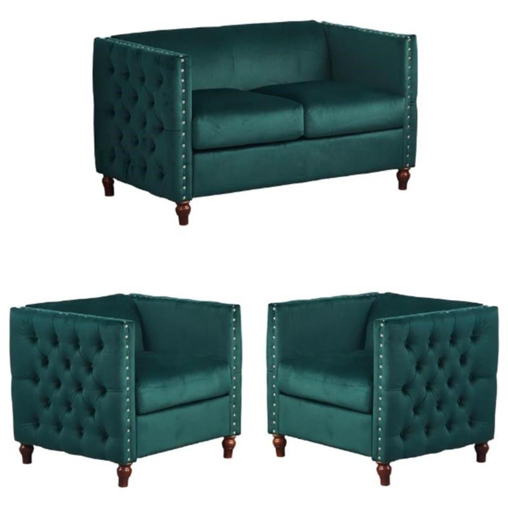 Home Square 3-Piece Set with Velvet Livingroom Loveseat and 2 Chairs in Green