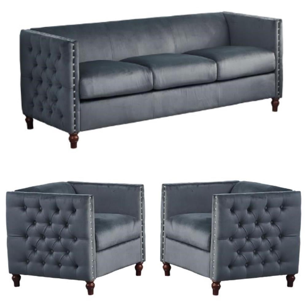 Home Square 3-Piece Set with Velvet Livingroom Sofa and 2 Chairs in Gray