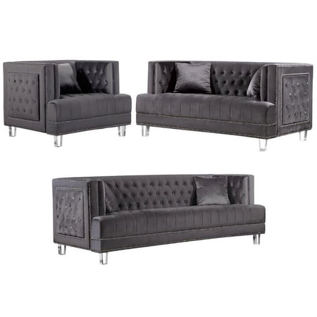 Home Square 3-Piece Set with Velvet Sofa Loveseat and Accent Chair in Gray