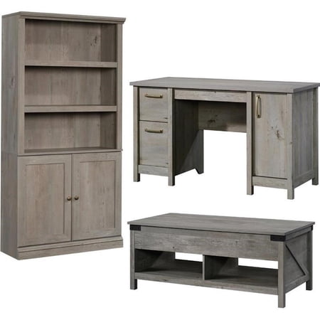 Home Square 3 Piece Set with Wood Desk 3-Shelf 2-Door Bookcase and Coffee Table