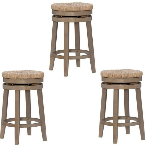 Home Square 3 Piece Solid Wood Swivel Rush Counter Stool Set in Natural Brown